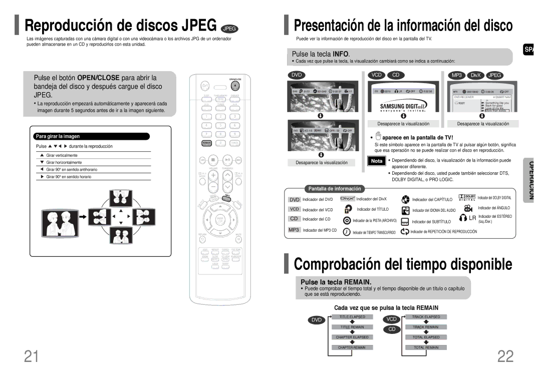 Samsung HT-P10R/ELS, HT-P10R/EDC manual Comprobación del tiempo disponible, Pulse la tecla Info, Pulse la tecla Remain 