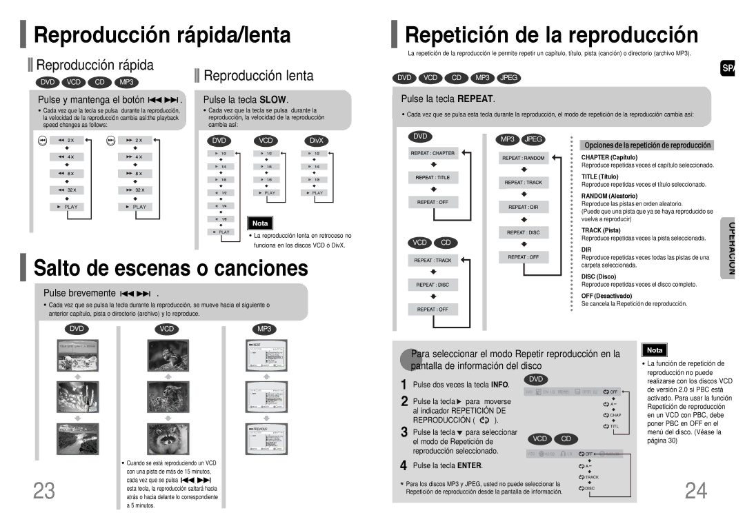 Samsung HT-P10R/EDC Reproducción rápida/lenta Repetición de la reproducción, Pulse y mantenga el botón, Pulse brevemente 