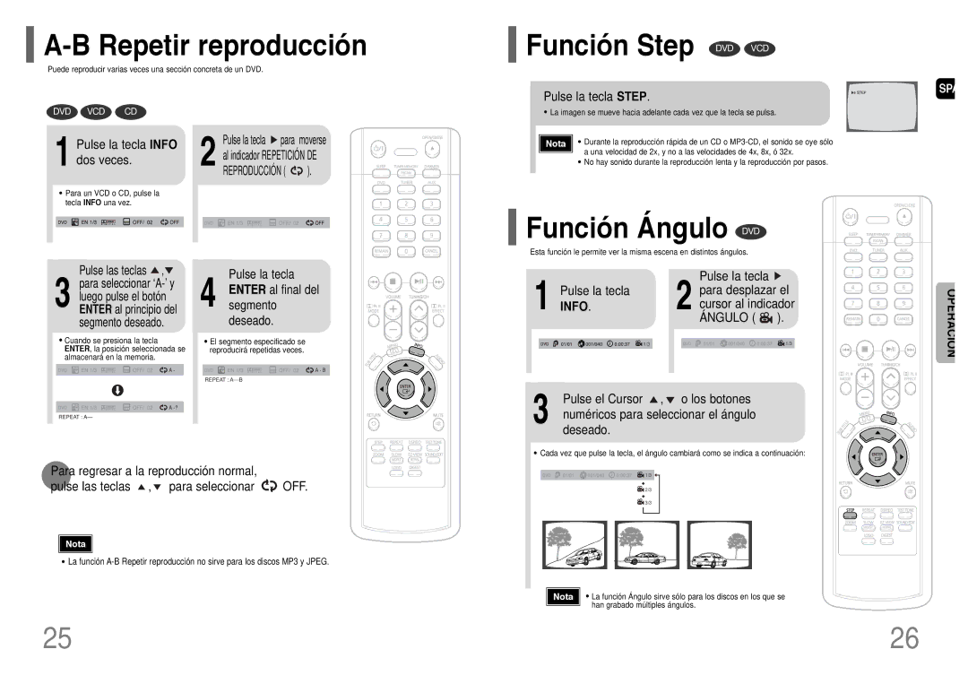 Samsung HT-P10R/ELS, HT-P10R/EDC manual Repetir reproducción, Función Step DVD VCD, Función Ángulo DVD 