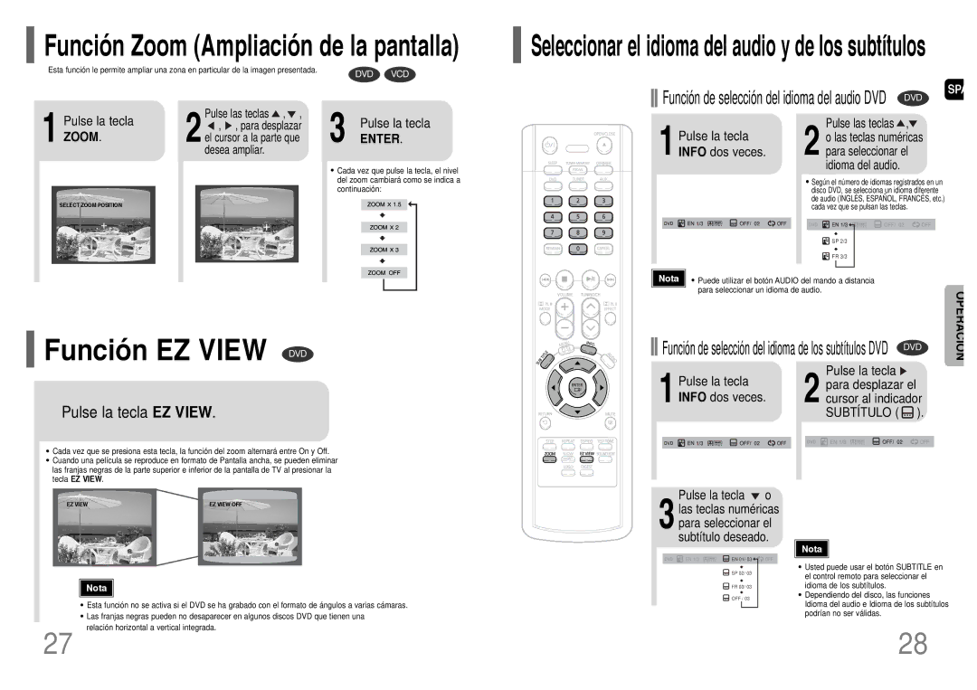 Samsung HT-P10R/ELS Función EZ View DVD, Pulse la tecla Zoom, Enter, 1Pulse la tecla Info dos veces, Pulse la tecla o 