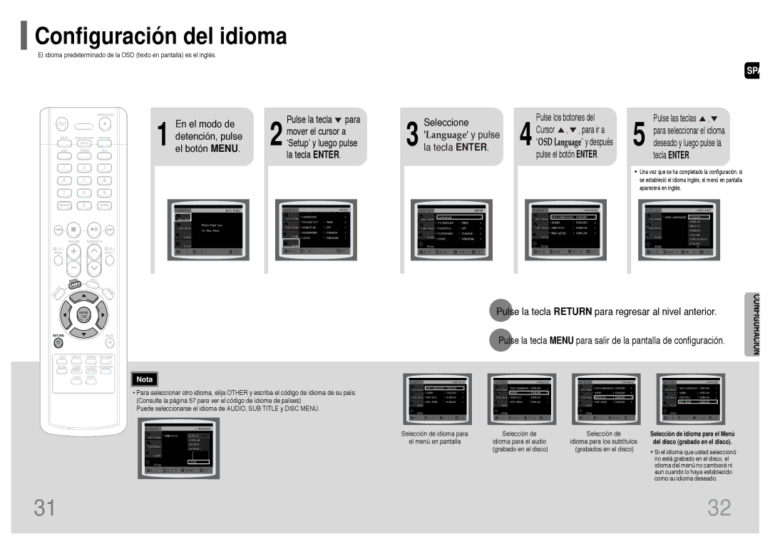 Samsung HT-P10R/ELS manual Configuración del idioma, Seleccione, Pulse la tecla Return para regresar al nivel anterior 