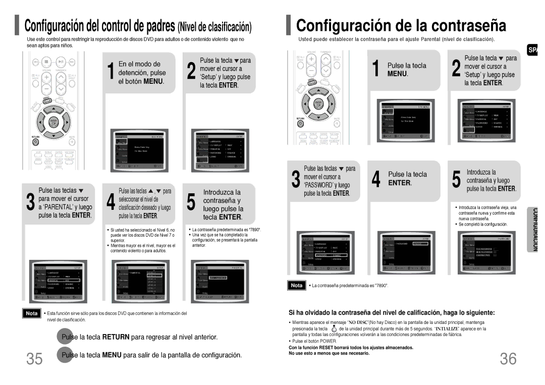 Samsung HT-P10R/EDC, HT-P10R/ELS manual El modo de, Botón Menu, Introduzca la Contraseña y luego pulse la tecla Enter 