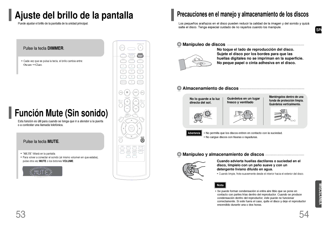 Samsung HT-P10R/EDC, HT-P10R/ELS manual Función Mute Sin sonido, Pulse la tecla Dimmer, Pulse la tecla Mute 