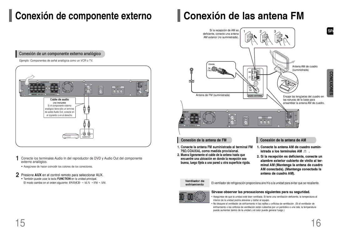 Samsung HT-P10R/ELS Conexión de las antena FM, Conexión de la antena de FM, Conexión de la antena de AM, Enfriamiento 