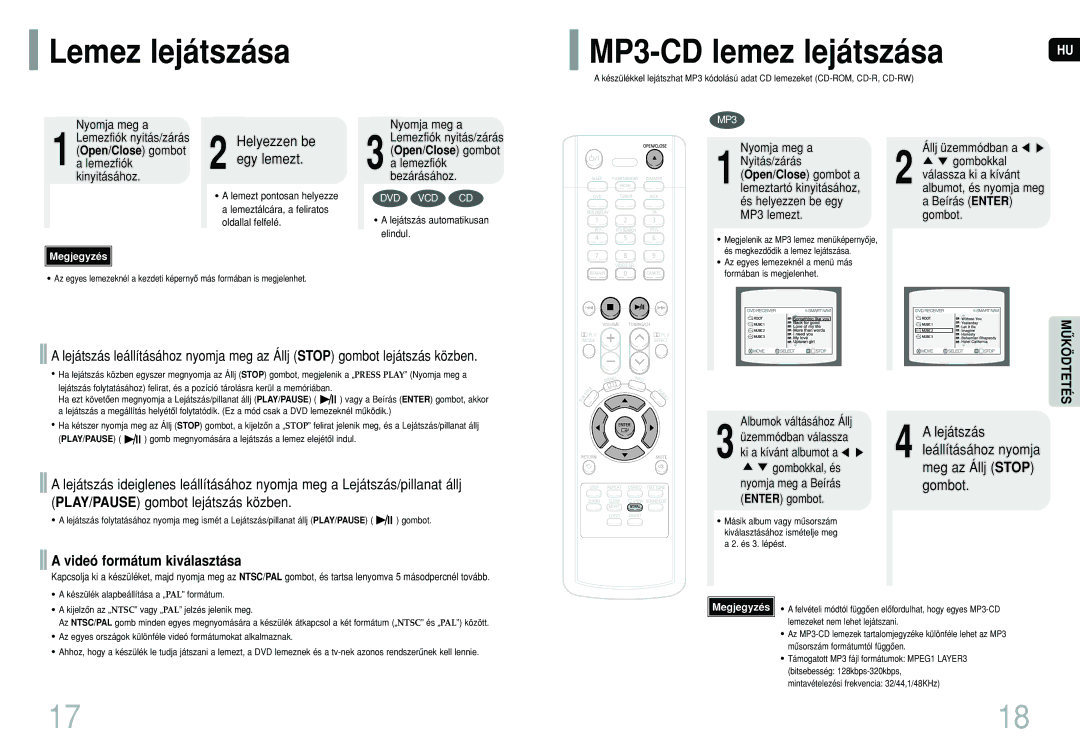 Samsung HT-P10R/EDC Lemez lejátszása MP3-CD lemez lejátszása, Egy lemezt, Videó formátum kiválasztása, Lejátszás, Gombot 