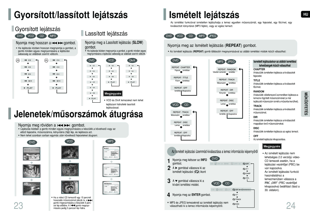 Samsung HT-P10R/EDC, HT-P10R/ELS manual Gyorsított/lassított lejátszás, Ismételt lejátszás, Jelenetek/mûsorszámok átugrása 