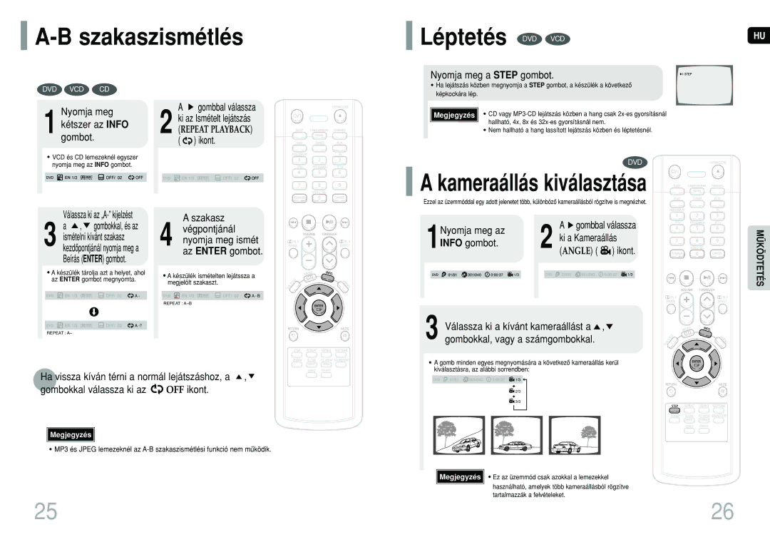 Samsung HT-TP12R/ELS, HT-P10R/ELS, HT-P10R/EDC manual Szakaszismétlés Léptetés DVD VCD, Kameraállás kiválasztása 