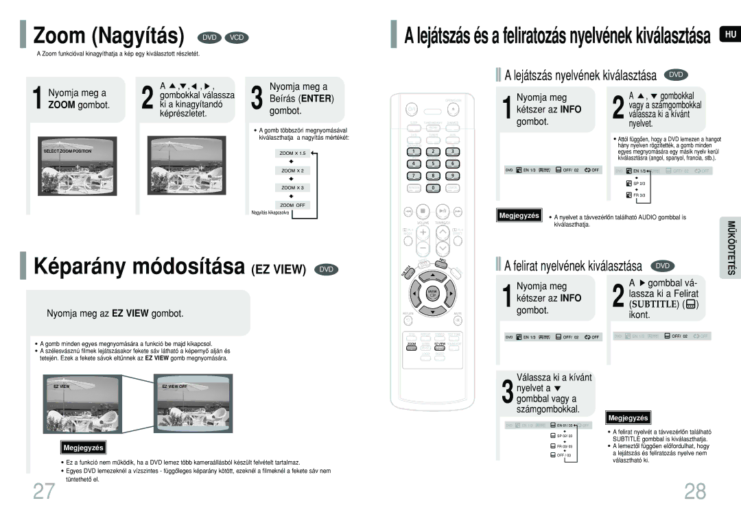 Samsung HT-P10R/ELS, HT-P10R/EDC, HT-TP12R/ELS manual Zoom Nagyítás DVD VCD, Képarány módosítása EZ View DVD 