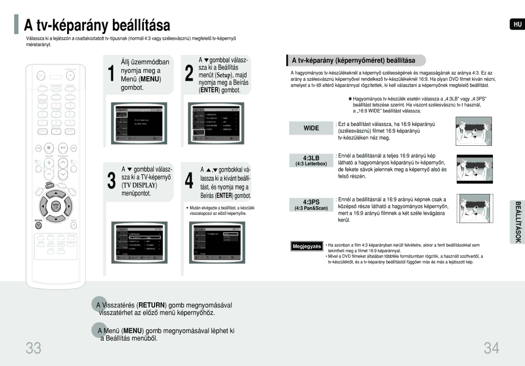 Samsung HT-P10R/ELS, HT-P10R/EDC Tv-képarány beállítása, Menü Menu, Tv-képarány képernyôméret beállítása, Gombbal válasz 