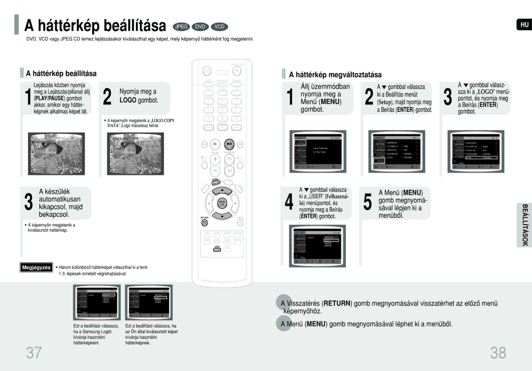 Samsung HT-TP12R/ELS, HT-P10R/ELS, HT-P10R/EDC manual Háttérkép beállítása Jpeg DVD VCD, Háttérkép megváltoztatása, Készülék 