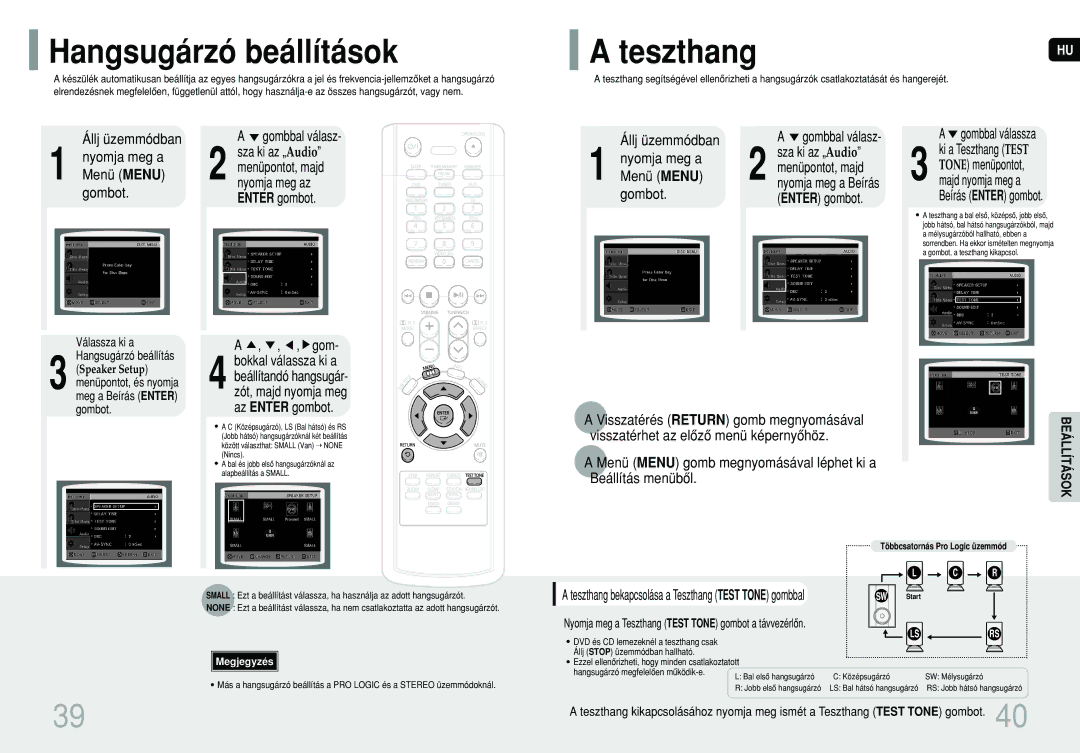 Samsung HT-P10R/ELS, HT-P10R/EDC manual Hangsugárzó beállítások, Teszthang, Gom, Visszatérés Return gomb megnyomásával 