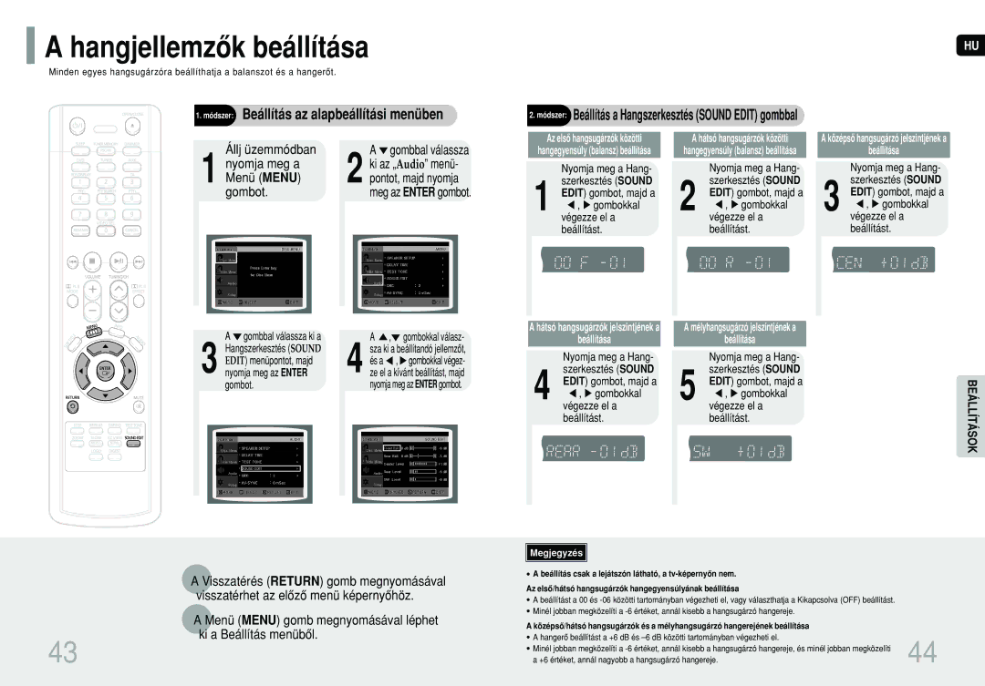 Samsung HT-TP12R/ELS, HT-P10R/ELS Hangjellemzôk beállítása, Gombot, Nyomja meg a Hang, Gombokkal Végezze el a Beállítást 