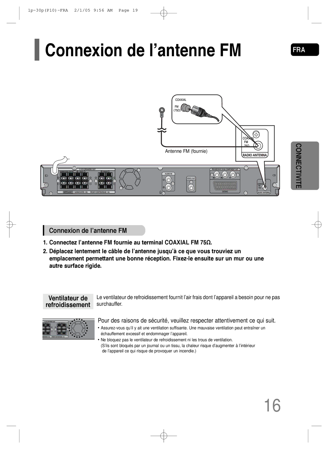 Samsung HT-P10R/EDC, HT-P10R/ELS manual Connexion de l’antenne FM, Ventilateur de Refroidissement 