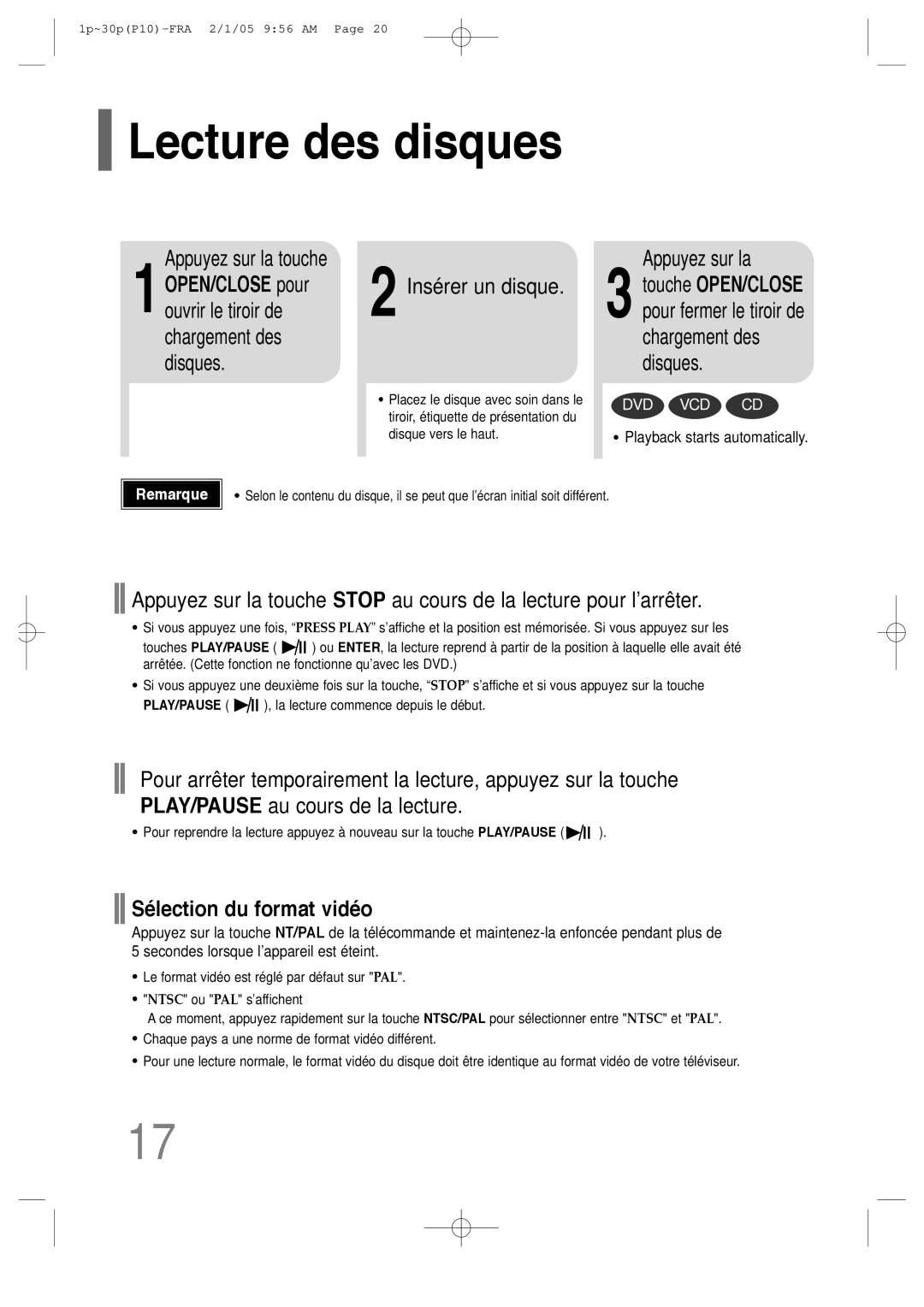 Samsung HT-P10R/ELS, HT-P10R/EDC Lecture des disques, Appuyez sur la touche, Insérer un disque, Sélection du format vidéo 