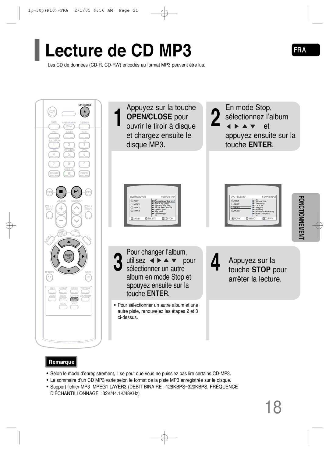 Samsung HT-P10R/EDC, HT-P10R/ELS manual Lecture de CD MP3, Pour changer l’album, Arrêter la lecture 