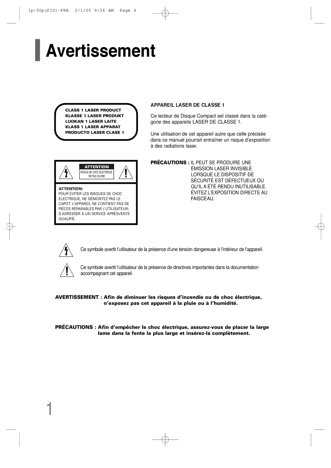 Samsung HT-P10R/ELS, HT-P10R/EDC manual Avertissement, Appareil Laser DE Classe 