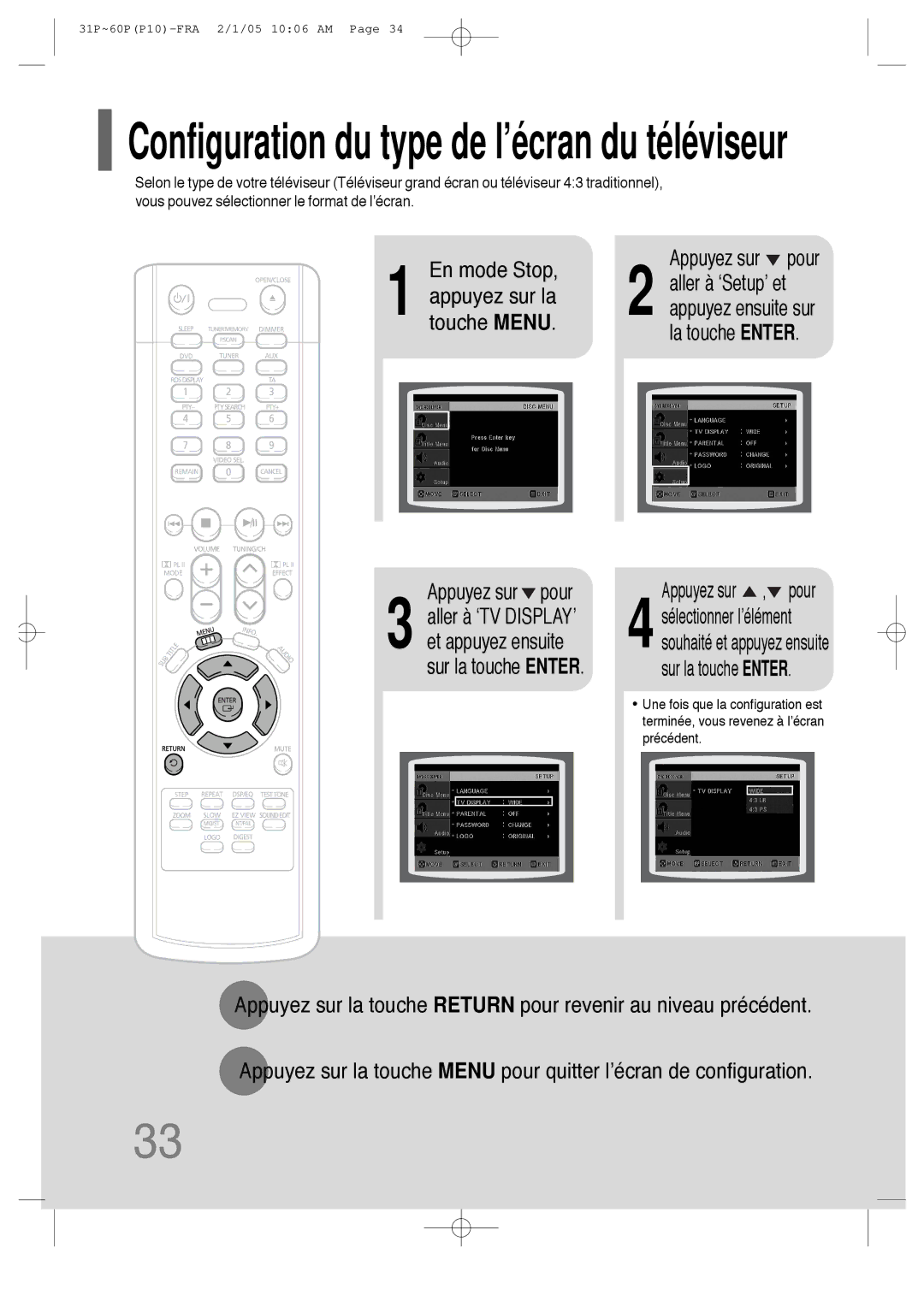 Samsung HT-P10R/ELS, HT-P10R/EDC manual Configuration du type de l’écran du téléviseur 