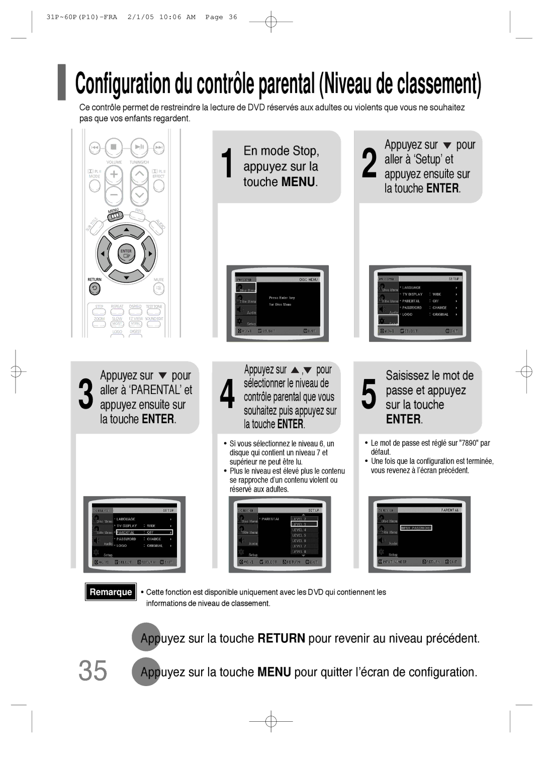 Samsung HT-P10R/ELS, HT-P10R/EDC manual Configuration du contrôle parental Niveau de classement, Saisissez le mot de 