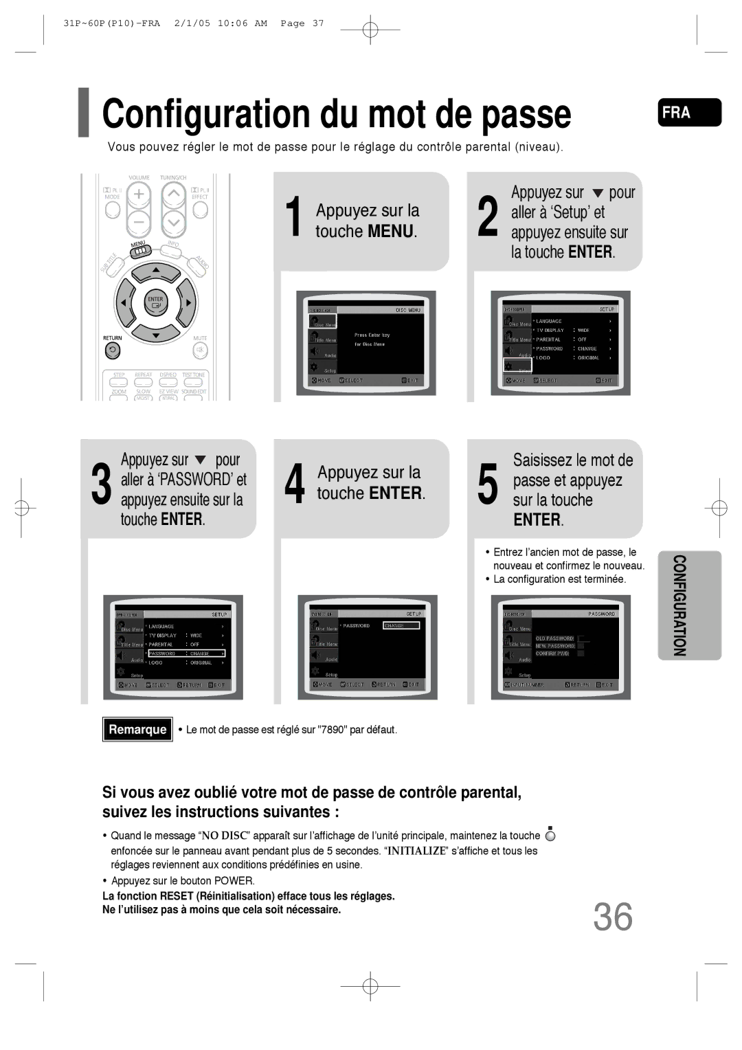 Samsung HT-P10R/EDC, HT-P10R/ELS manual Configuration du mot de passe, Touche Enter 