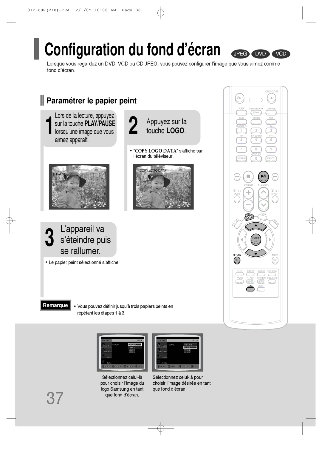 Samsung HT-P10R/ELS, HT-P10R/EDC manual Configuration du fond d’écran Jpeg DVD VCD 