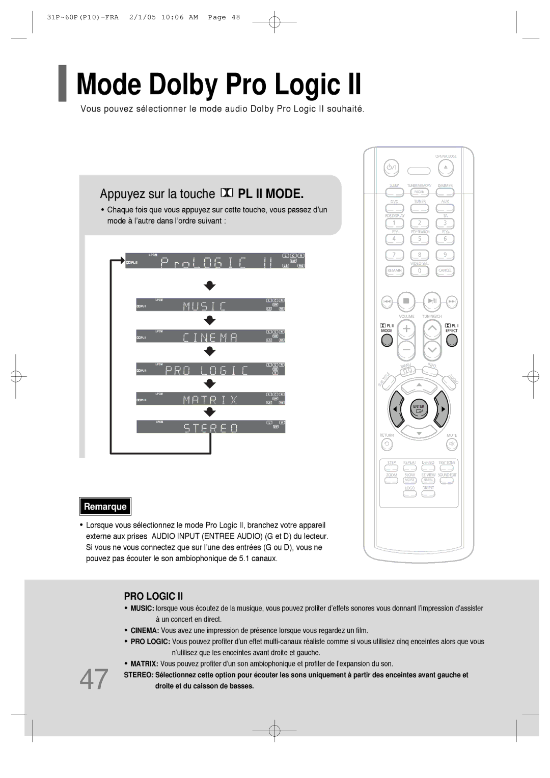 Samsung HT-P10R/ELS, HT-P10R/EDC manual Mode Dolby Pro Logic, Appuyez sur la touche PL II Mode 