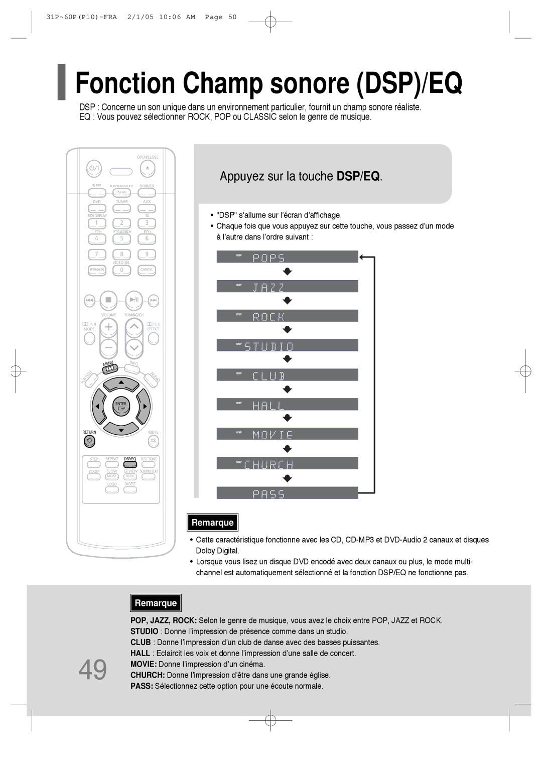 Samsung HT-P10R/ELS, HT-P10R/EDC manual Fonction Champ sonore DSP/EQ, Appuyez sur la touche DSP/EQ 