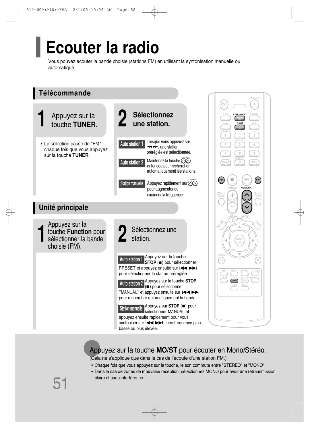 Samsung HT-P10R/ELS, HT-P10R/EDC manual Ecouter la radio, Télécommande, Unité principale Sélectionnez Une station 