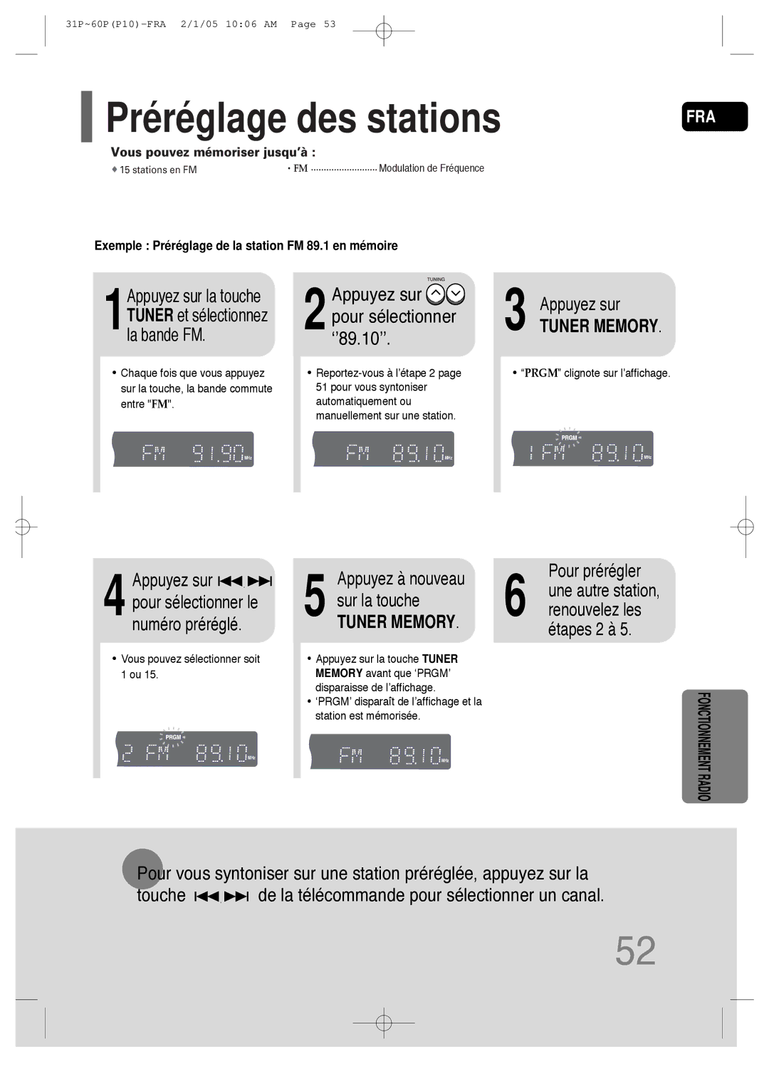 Samsung HT-P10R/EDC, HT-P10R/ELS manual Préréglage des stations, Pour prérégler 