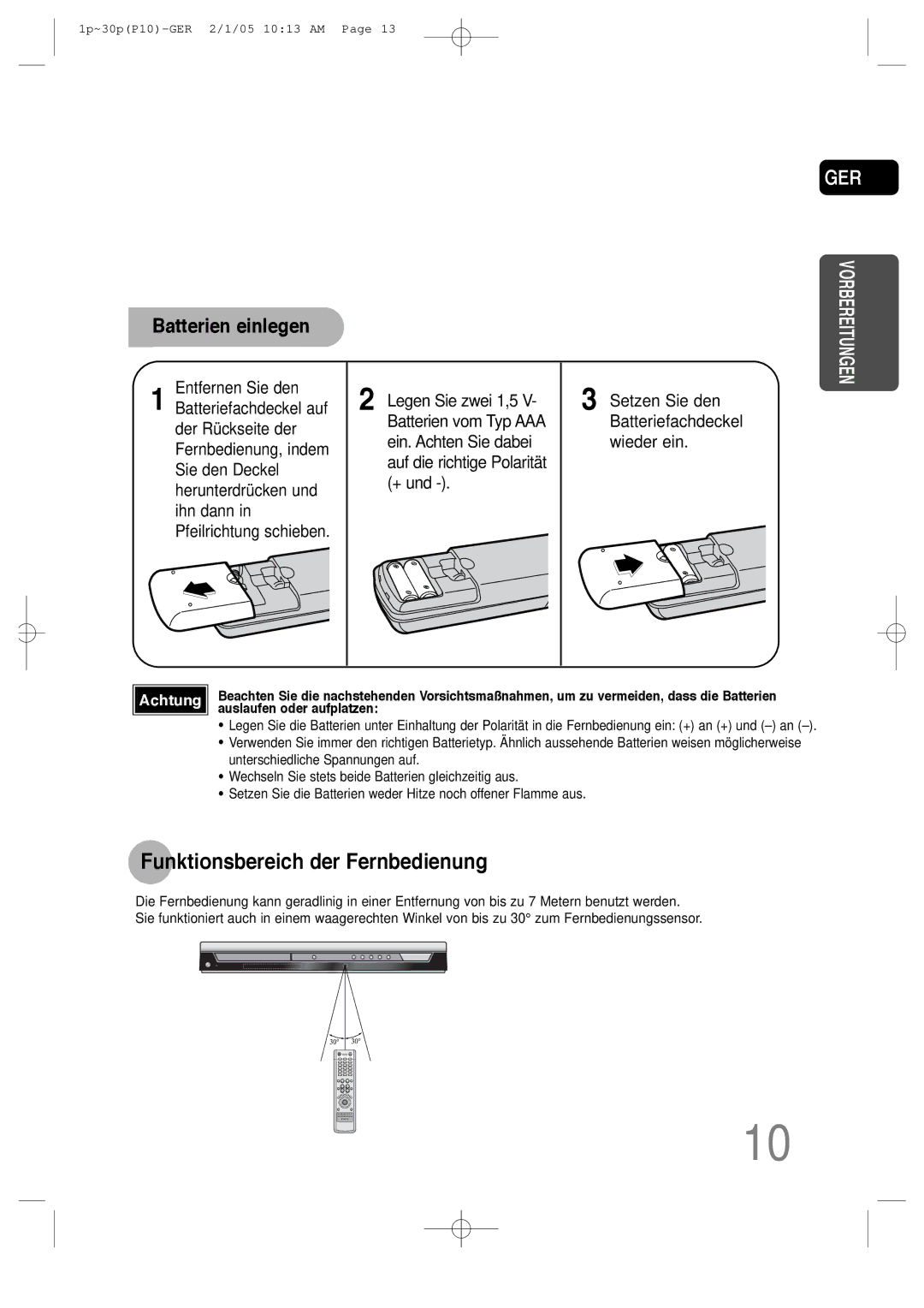 Samsung HT-P10R/EDC, HT-P10R/ELS manual Funktionsbereich der Fernbedienung, Entfernen Sie den, Auslaufen oder aufplatzen 