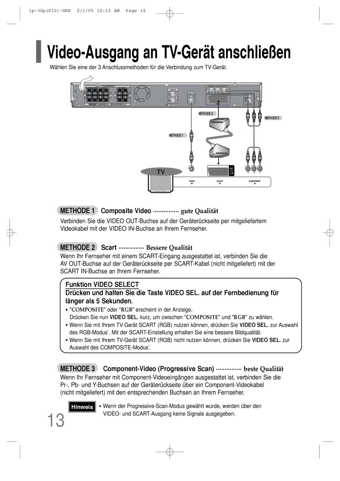 Samsung HT-P10R/ELS, HT-P10R/EDC manual Methode 1 Composite Video ............... gute Qualität 