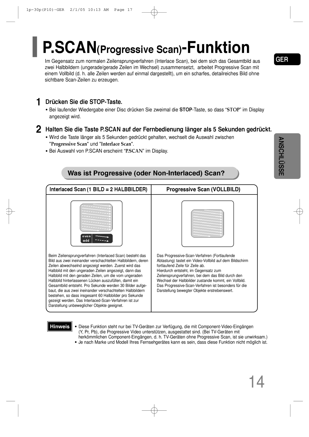 Samsung HT-P10R/EDC manual Drücken Sie die STOP-Taste, Interlaced Scan 1 Bild = 2 Halbbilder, Progressive Scan Vollbild 