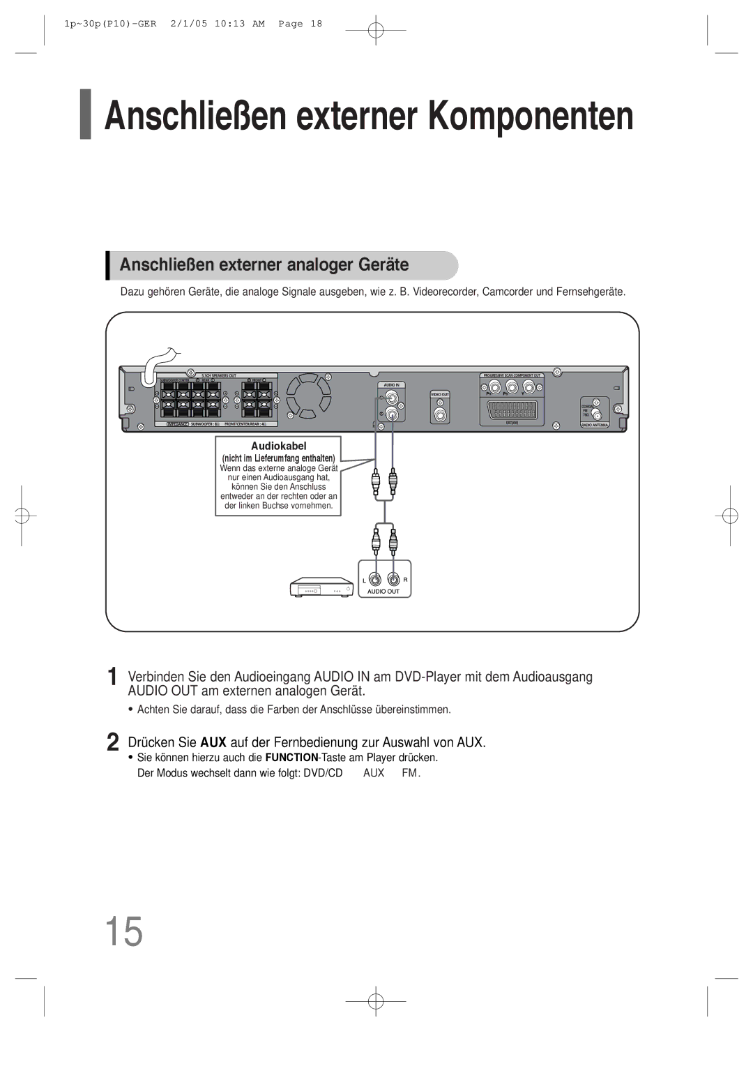 Samsung HT-P10R/ELS manual Anschließen externer Komponenten, Drücken Sie AUX auf der Fernbedienung zur Auswahl von AUX 