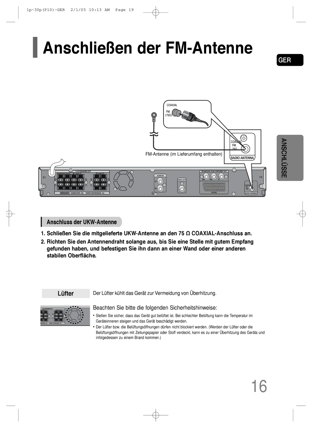 Samsung HT-P10R/EDC Anschließen der FM-Antenne, Anschluss der UKW-Antenne, Lüfter, FM-Antenne im Lieferumfang enthalten 