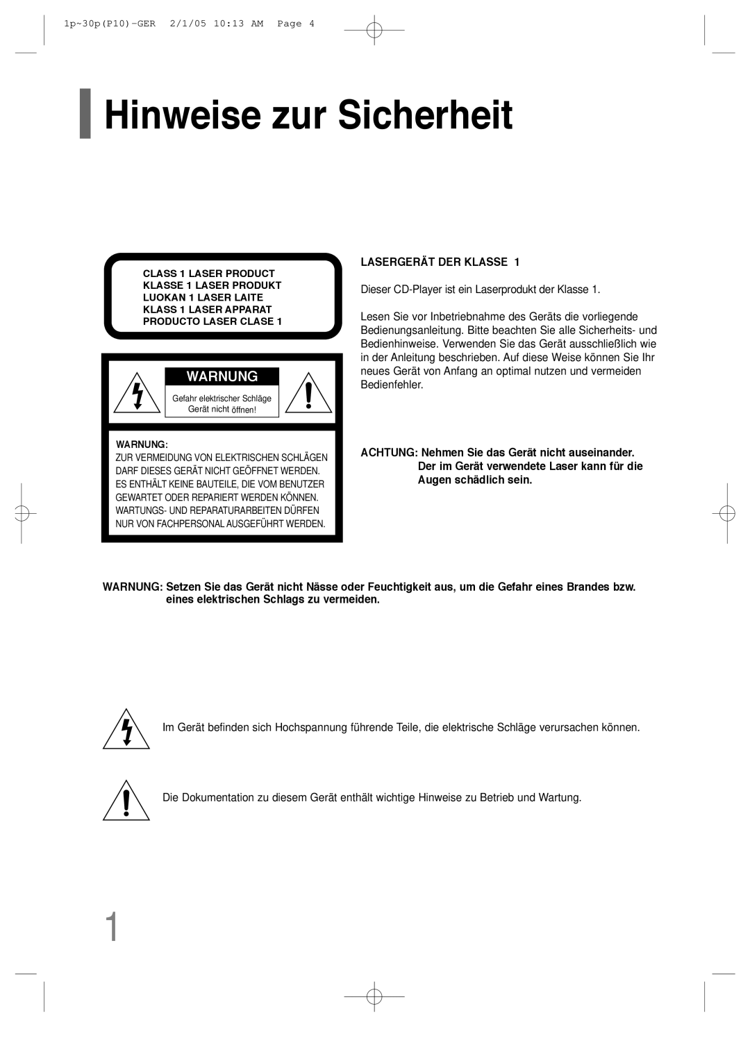 Samsung HT-P10R/ELS, HT-P10R/EDC manual Hinweise zur Sicherheit, Warnung 