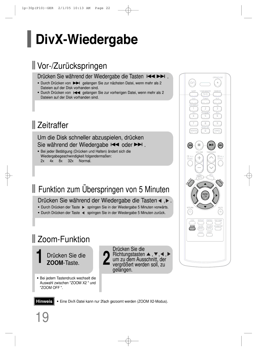 Samsung HT-P10R/ELS, HT-P10R/EDC manual DivX-Wiedergabe, Drücken Sie während der Wiedergabe die Tasten, 2x 4x 8x 32x Normal 