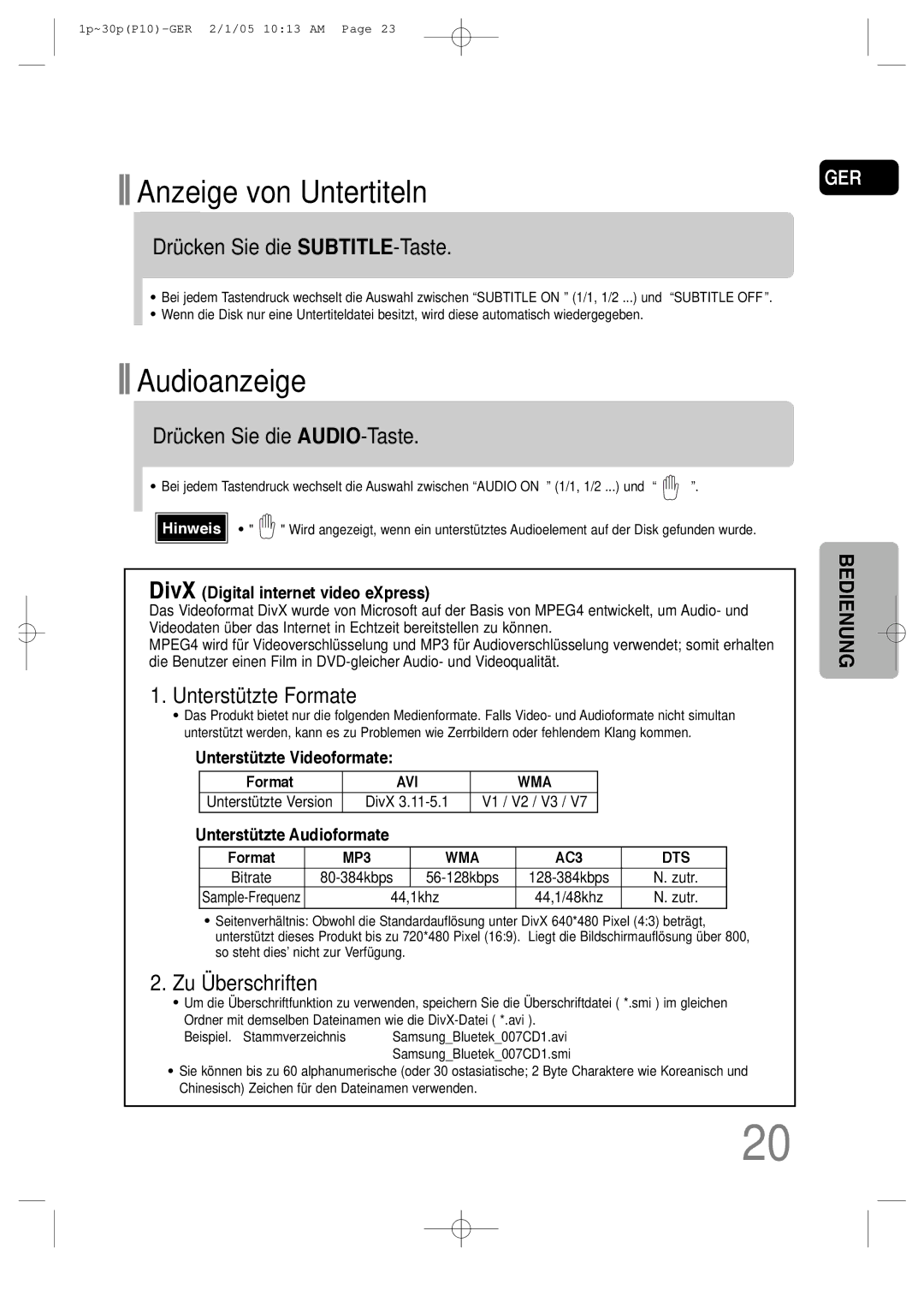 Samsung HT-P10R/EDC Drücken Sie die SUBTITLE-Taste, Drücken Sie die AUDIO-Taste, Unterstützte Formate, Zu Überschriften 