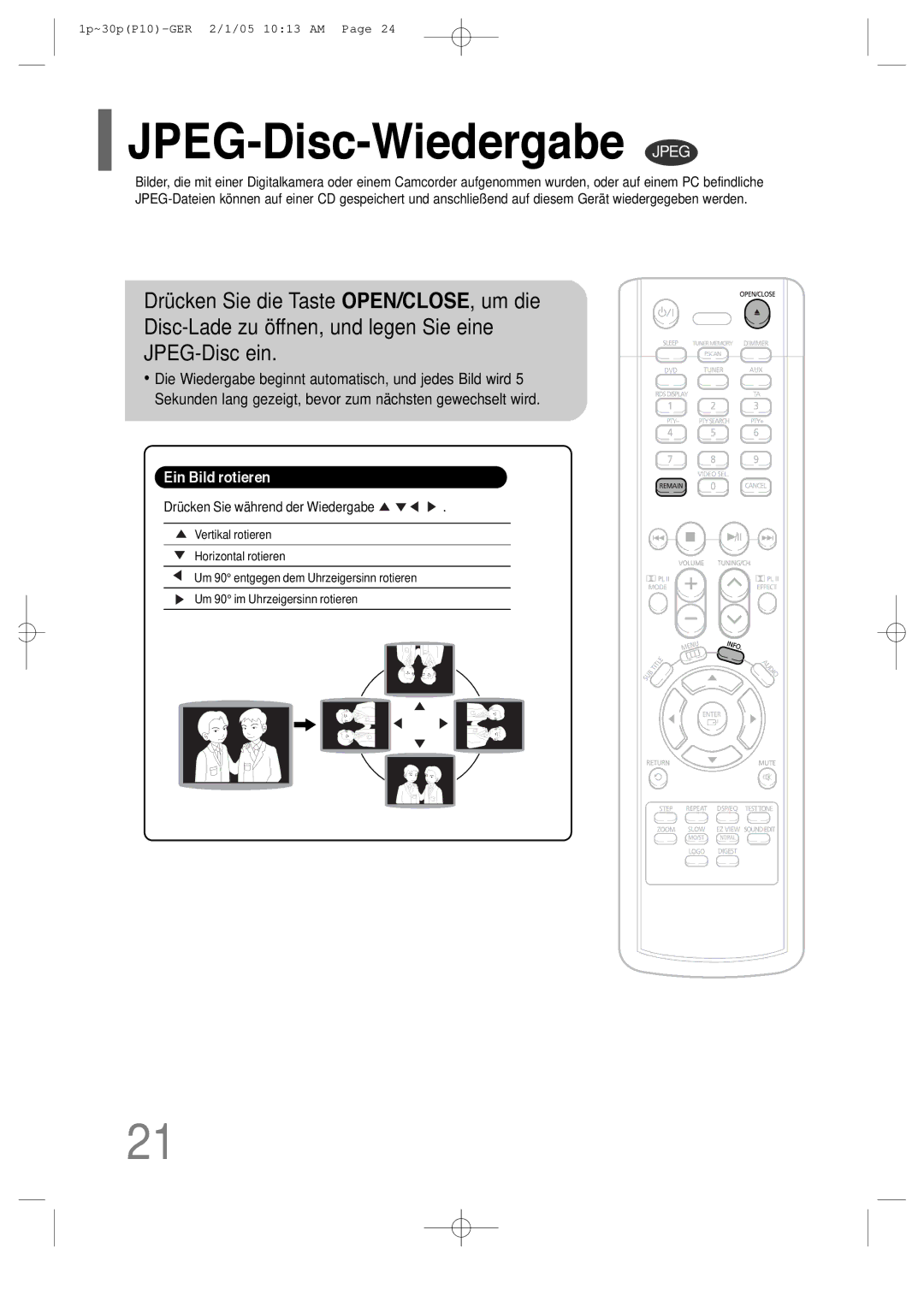 Samsung HT-P10R/ELS, HT-P10R/EDC manual JPEG-Disc-Wiedergabe Jpeg, Drücken Sie während der Wiedergabe 