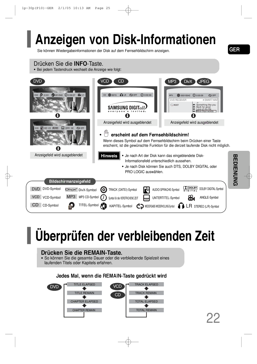 Samsung HT-P10R/EDC, HT-P10R/ELS Anzeigen von Disk-Informationen, Drücken Sie die INFO-Taste, Drücken Sie die REMAIN-Taste 