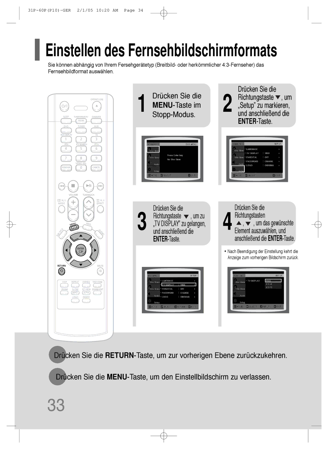 Samsung HT-P10R/ELS, HT-P10R/EDC manual Einstellen des Fernsehbildschirmformats, Drücken Sie die 4Richtungstasten 