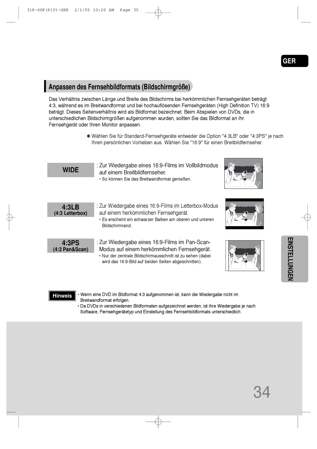 Samsung HT-P10R/EDC, HT-P10R/ELS manual Anpassen des Fernsehbildformats Bildschirmgröße, Letterbox, Breitwandformat erfolgen 