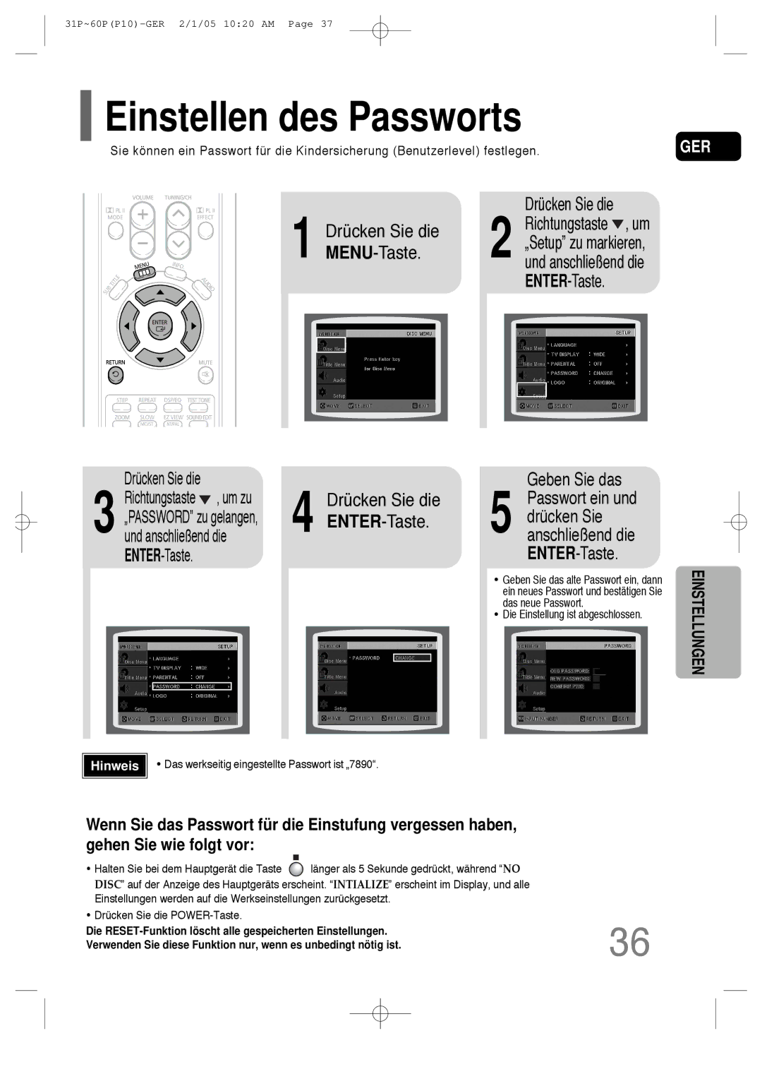 Samsung HT-P10R/EDC, HT-P10R/ELS manual Einstellen des Passworts, ENTER-Taste, Und anschließend die 