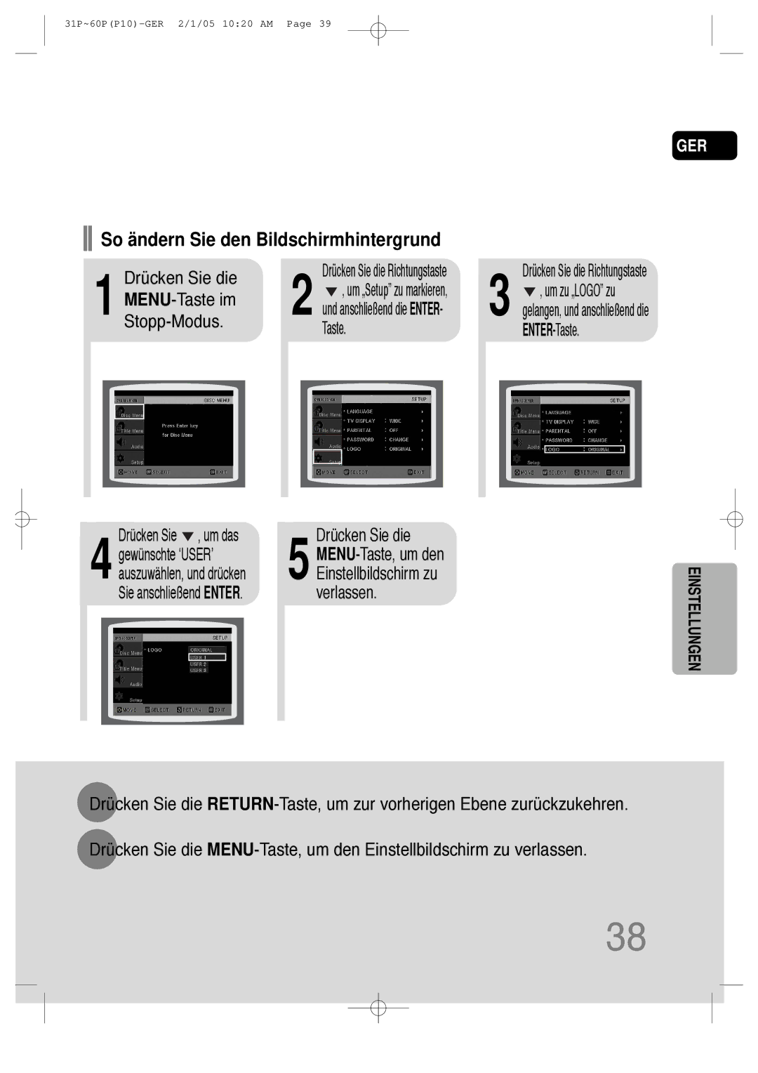 Samsung HT-P10R/EDC manual So ändern Sie den Bildschirmhintergrund, Stopp-Modus Taste, Drücken Sie die Richtungstaste 