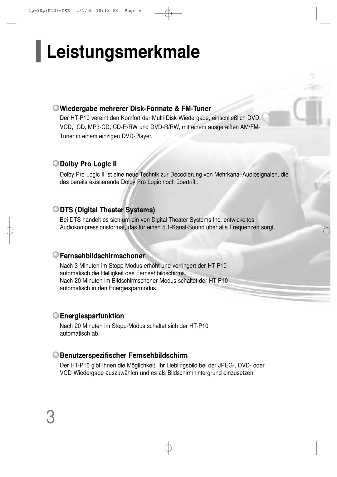 Samsung HT-P10R/ELS, HT-P10R/EDC manual Leistungsmerkmale, Wiedergabe mehrerer Disk-Formate & FM-Tuner 