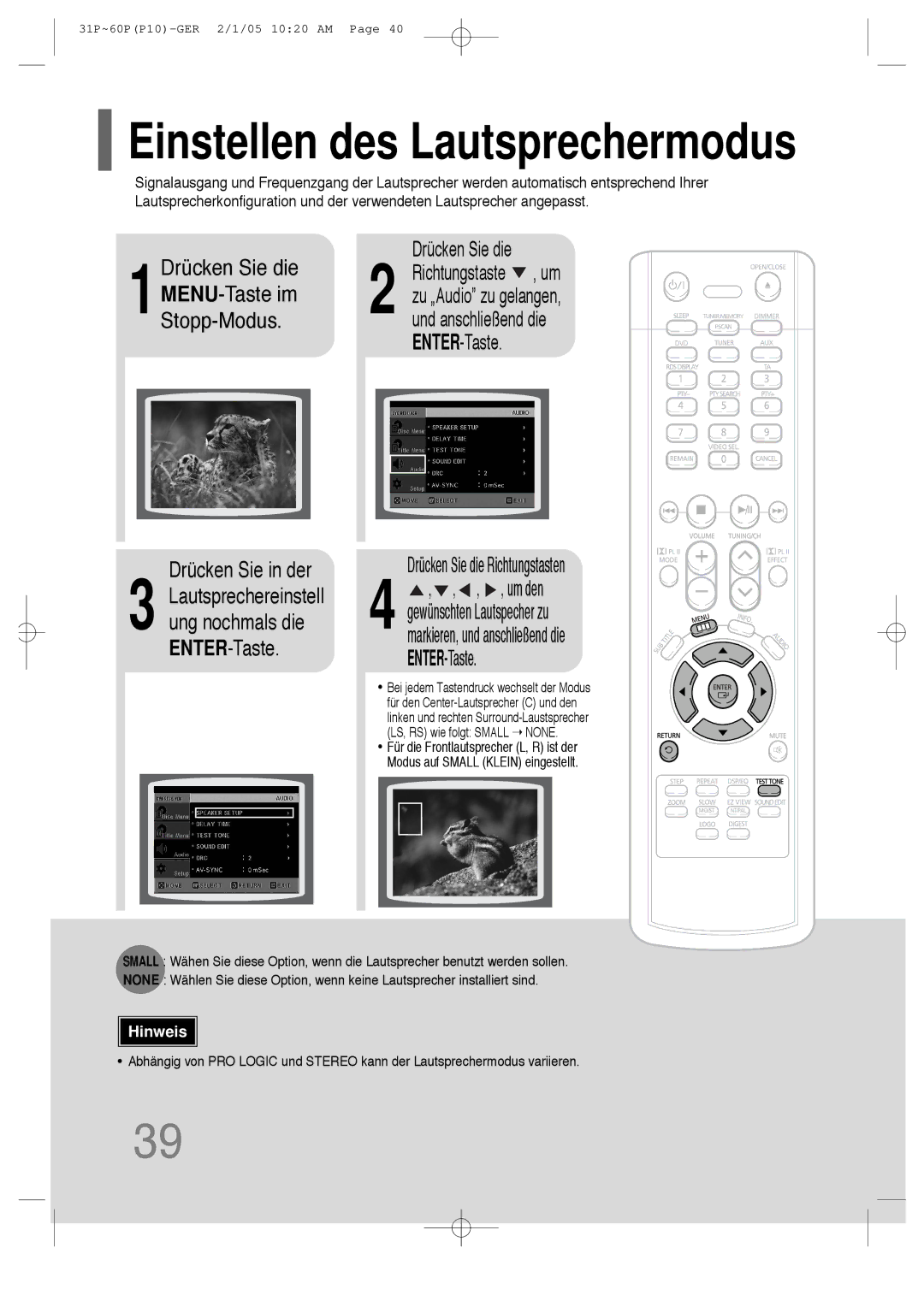 Samsung HT-P10R/ELS, HT-P10R/EDC manual Drücken Sie in der, 1MENU-Taste im Stopp-Modus 