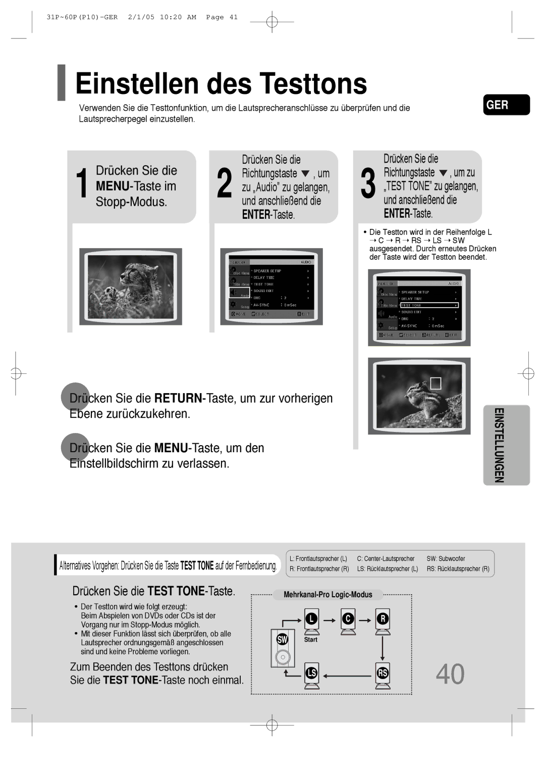 Samsung HT-P10R/EDC manual Einstellen des Testtons, Drücken Sie die Test TONE-Taste, Der Testton wird wie folgt erzeugt 