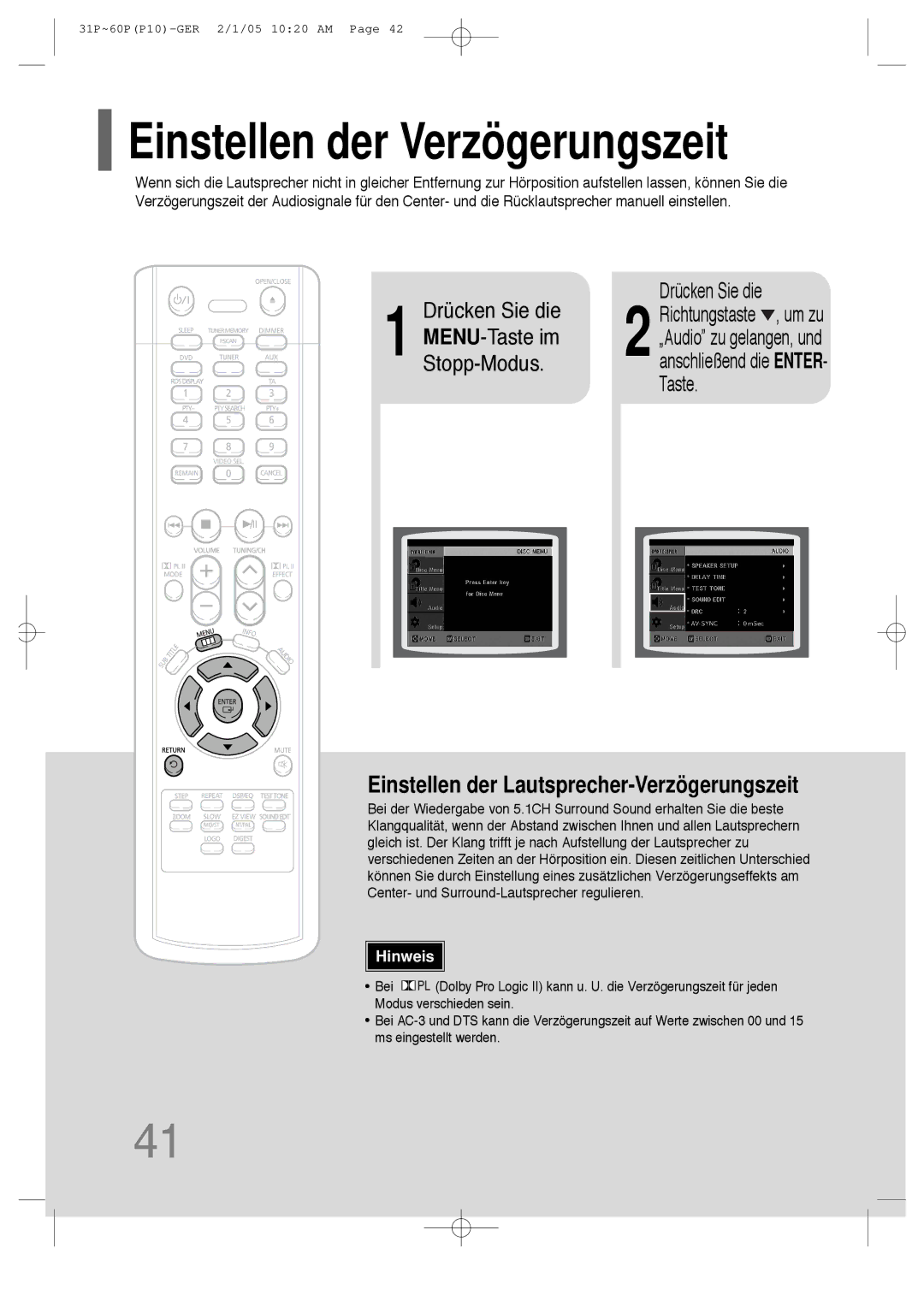 Samsung HT-P10R/ELS, HT-P10R/EDC manual Einstellen der Verzögerungszeit, Einstellen der Lautsprecher-Verzögerungszeit 