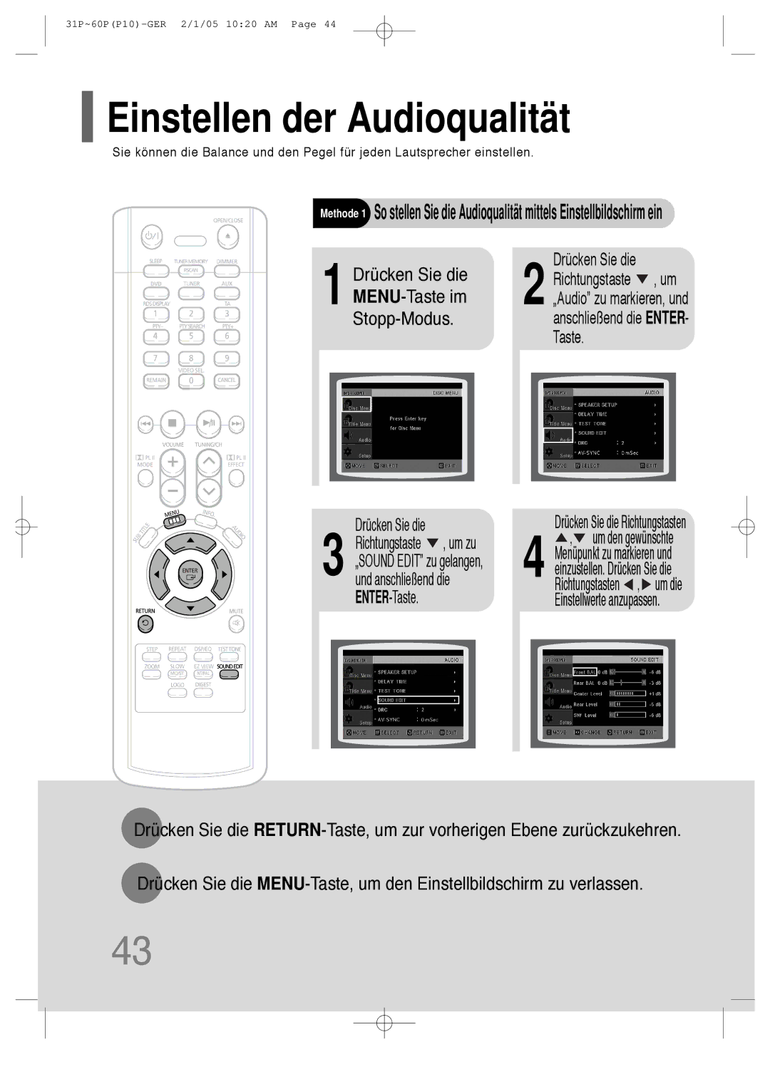 Samsung HT-P10R/ELS, HT-P10R/EDC manual Einstellen der Audioqualität, Um zu, Und anschließend die 