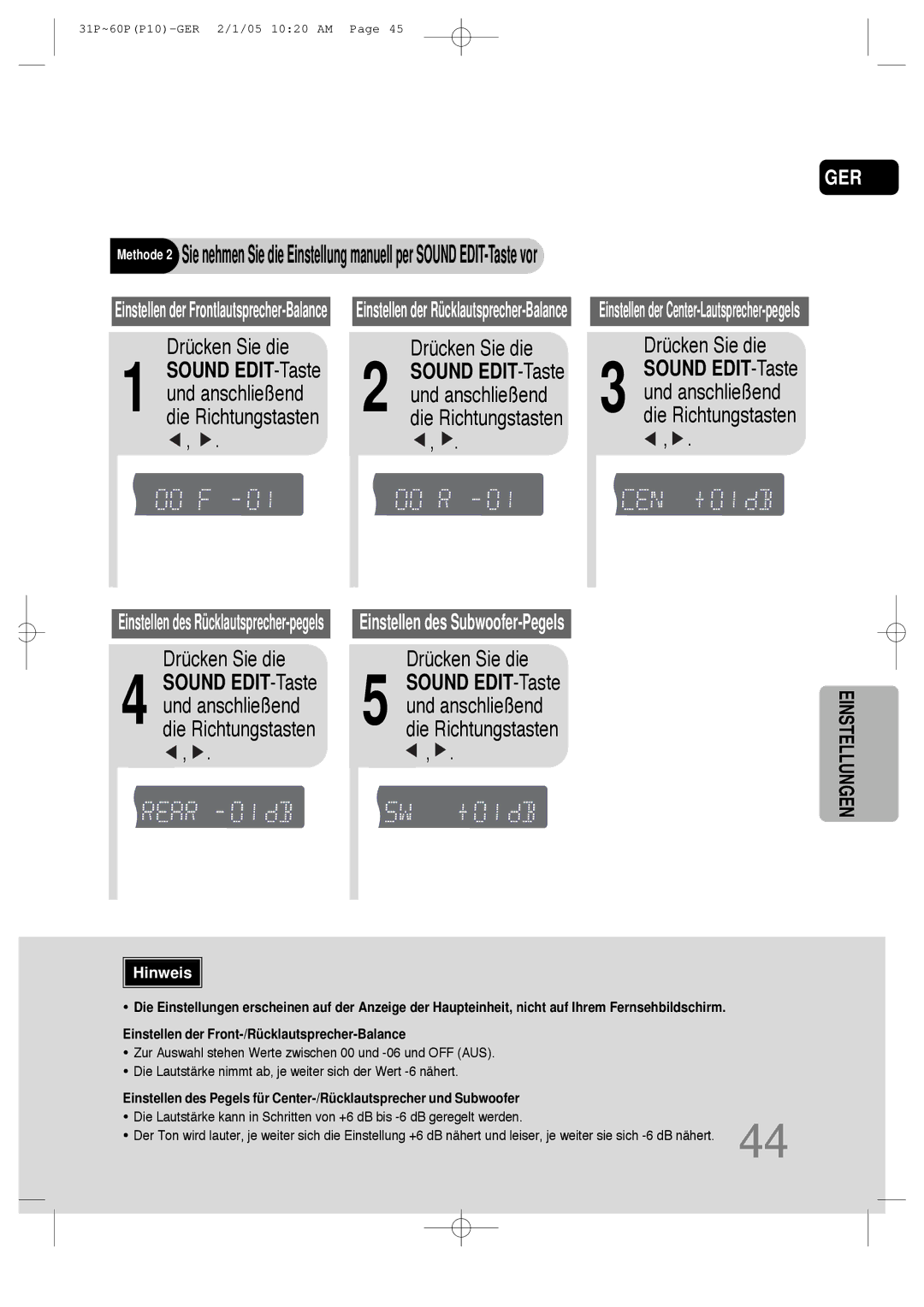 Samsung HT-P10R/EDC, HT-P10R/ELS manual Sound EDIT-Taste und anschließend die Richtungstasten 