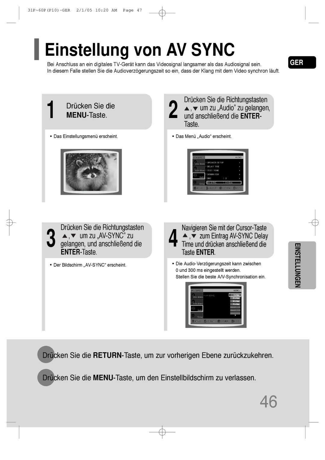 Samsung HT-P10R/EDC, HT-P10R/ELS manual Einstellung von AV Sync, MENU-Taste, Navigieren Sie mit der Cursor-Taste 