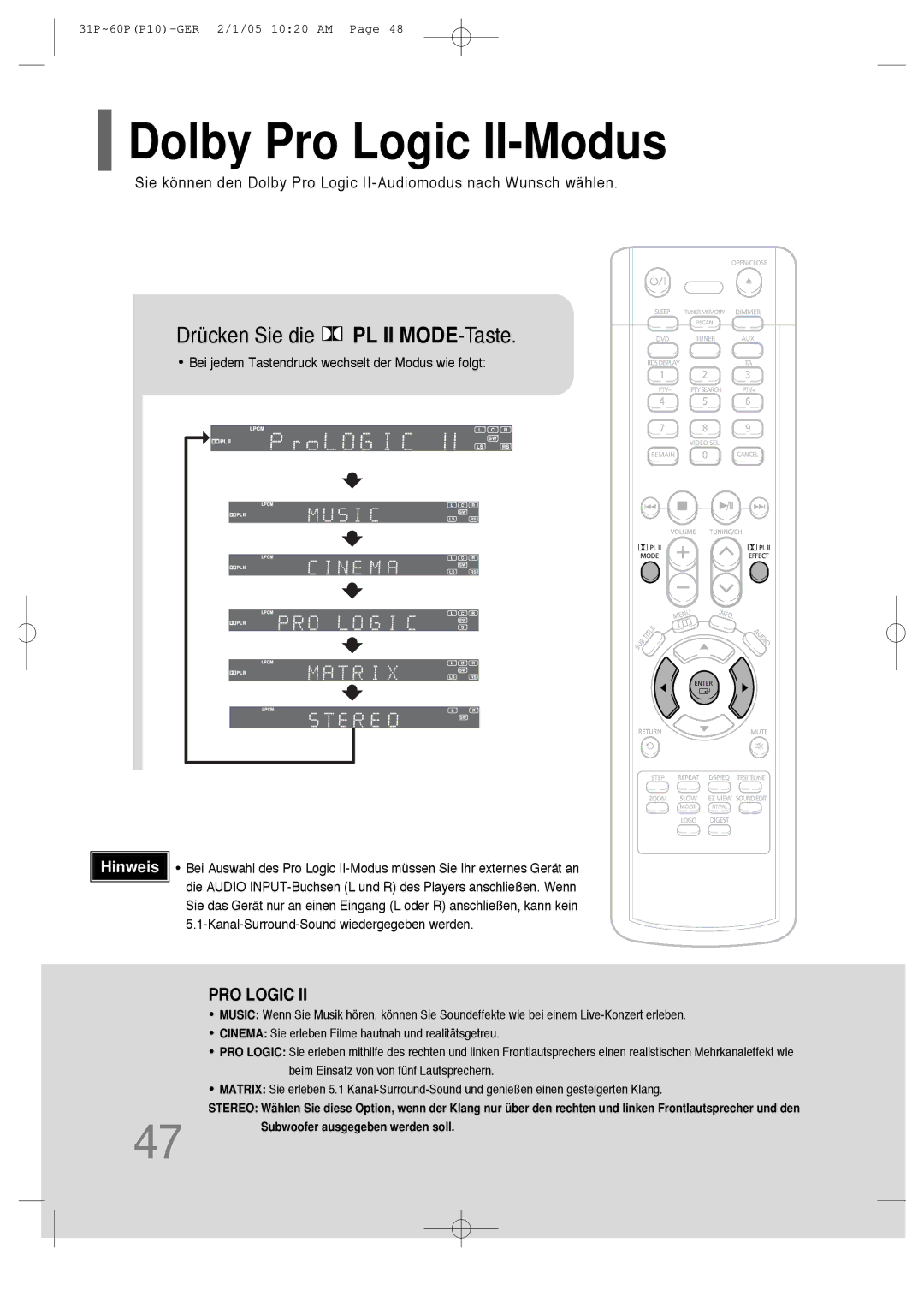 Samsung HT-P10R/ELS, HT-P10R/EDC manual Dolby Pro Logic II-Modus, Drücken Sie die PL II MODE-Taste 